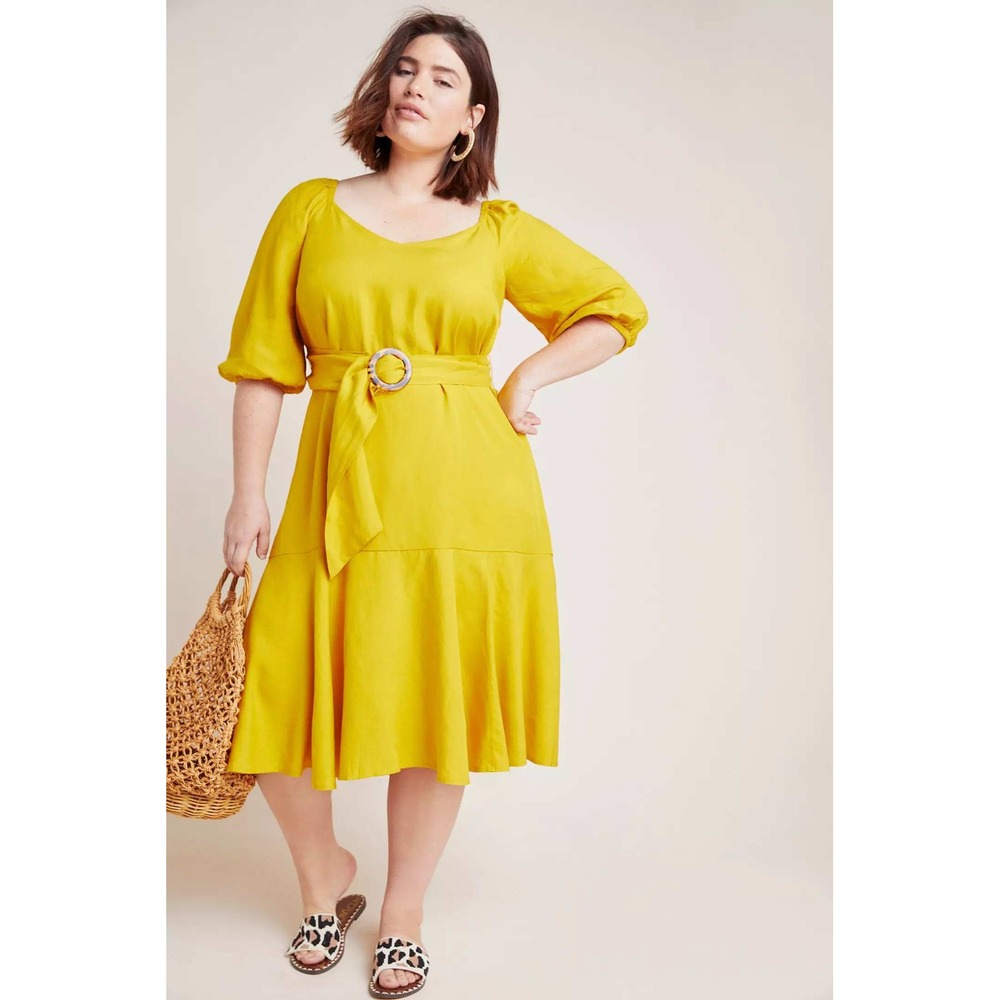 Anthropologie Maeve Plus Size 18W Artemis Dress Mustard Gold Midi Belted NEW